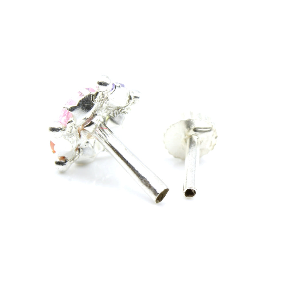 925 Silver Multicolor CZ Studded Nose ring Push Pin