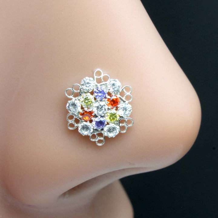 Real 925 Silver Multi CZ Studded Nose ring Push Pin