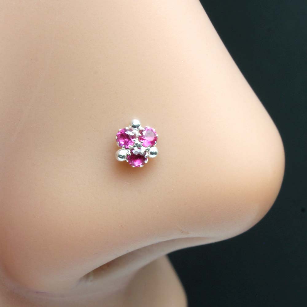925 Sterling Silver Pink CZ Studded Nose ring Push Pin