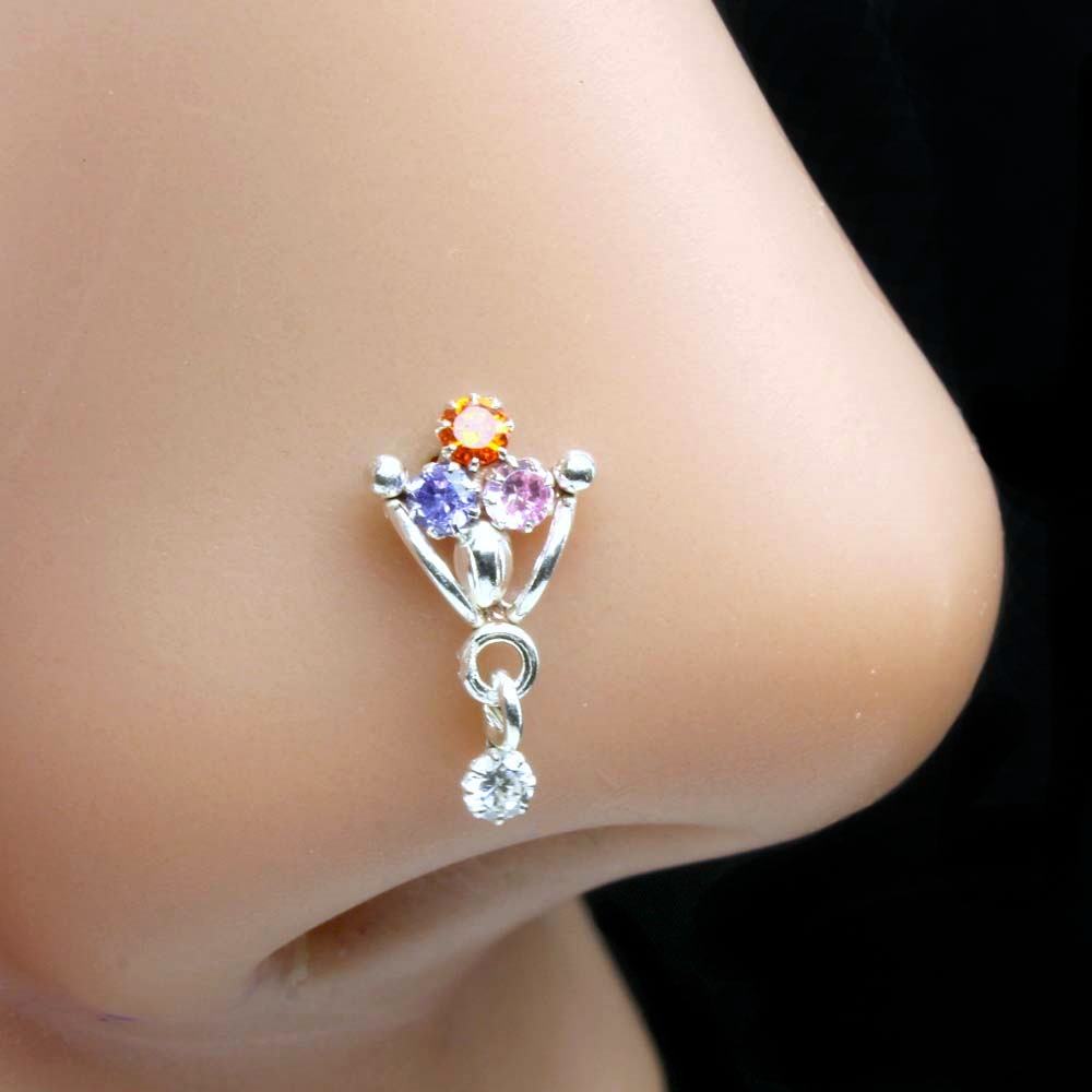 Dangle Style 925 Sterling Silver Multi CZ Nose ring Push Pin