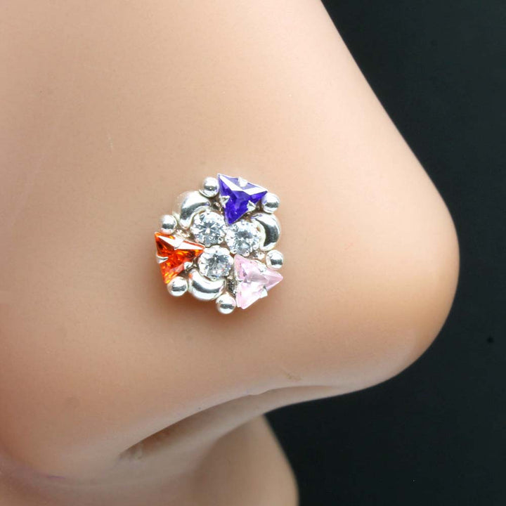925 Silver Multicolor CZ Indian Nose ring Push Pin