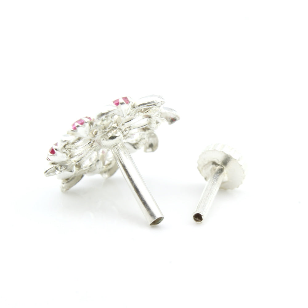 925 Sterling Silver Pink White CZ Nose ring Push Pin