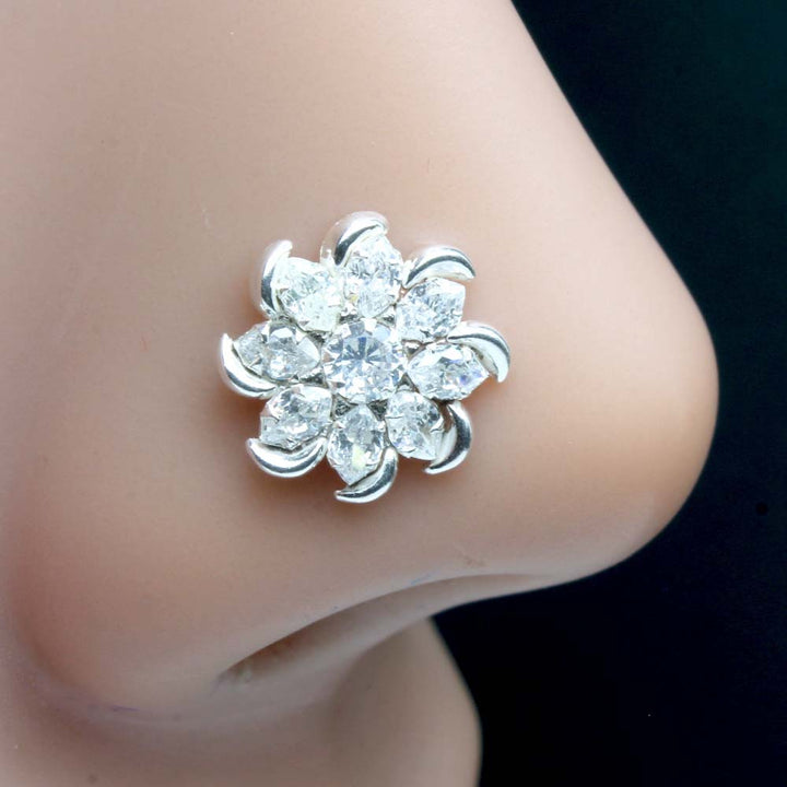 925 Sterling Silver White CZ Indian Style Studded Nose ring Push Pin