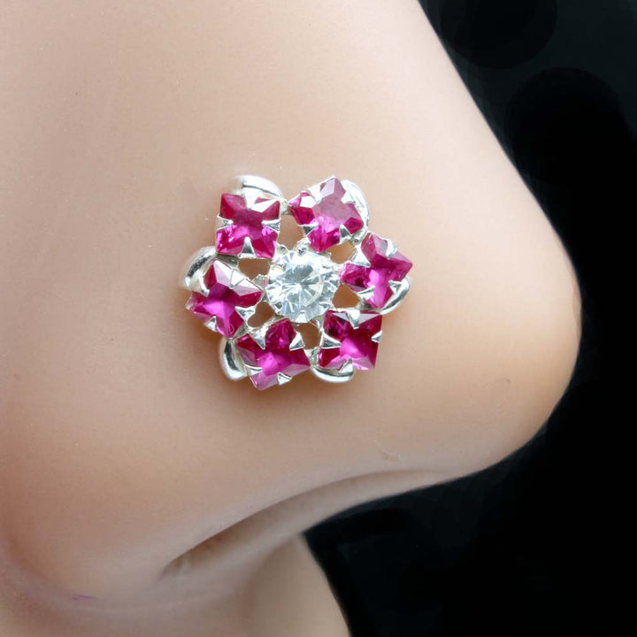 Real Sterling Silver Pink White CZ Studded Nose ring Push Pin