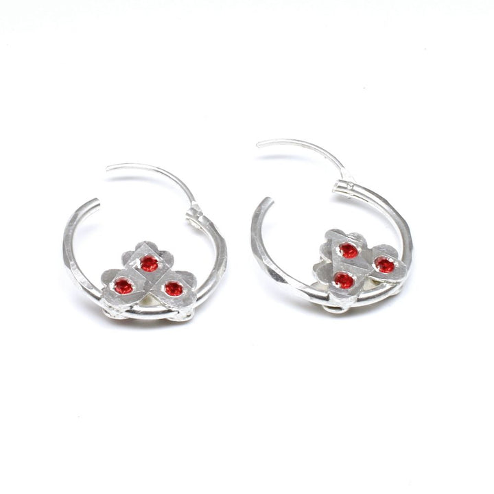 Indian Tribal pure sterling silver hoop hinged earrings for women - red stone