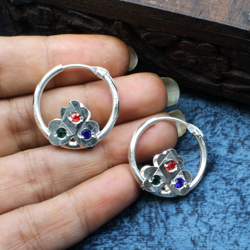 Indian Tribal Real sterling silver hoop hinged earrings for women - Multi stone