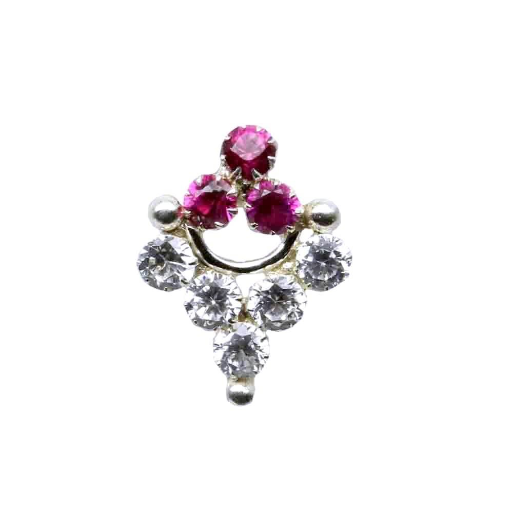 Indian 925 Sterling Silver Pink White CZ Nose ring Push Pin