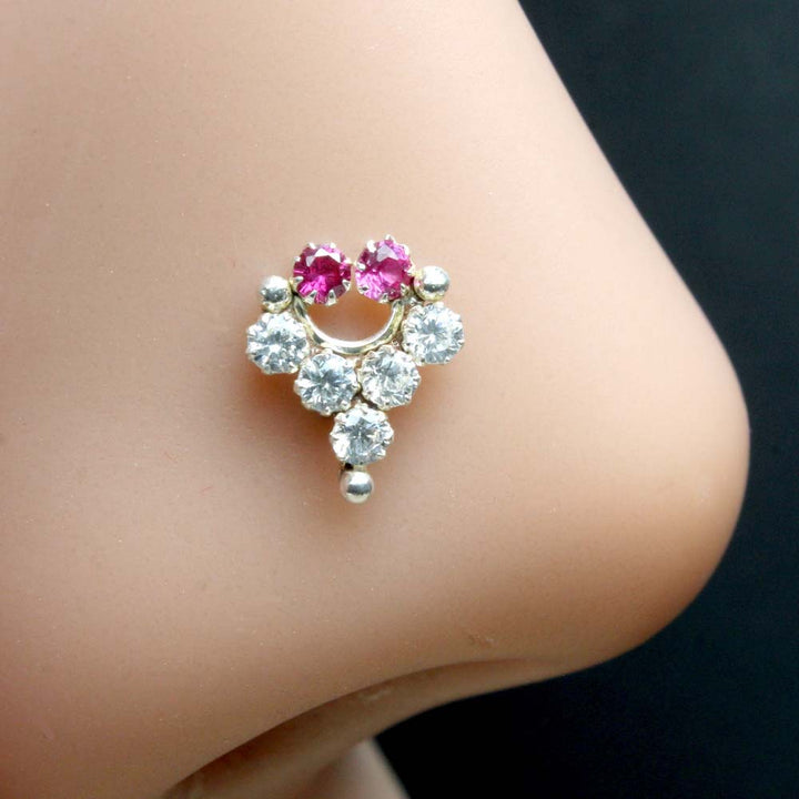 Cute Real Sterling Silver Nose Stud Pink White CZ Twisted nose ring