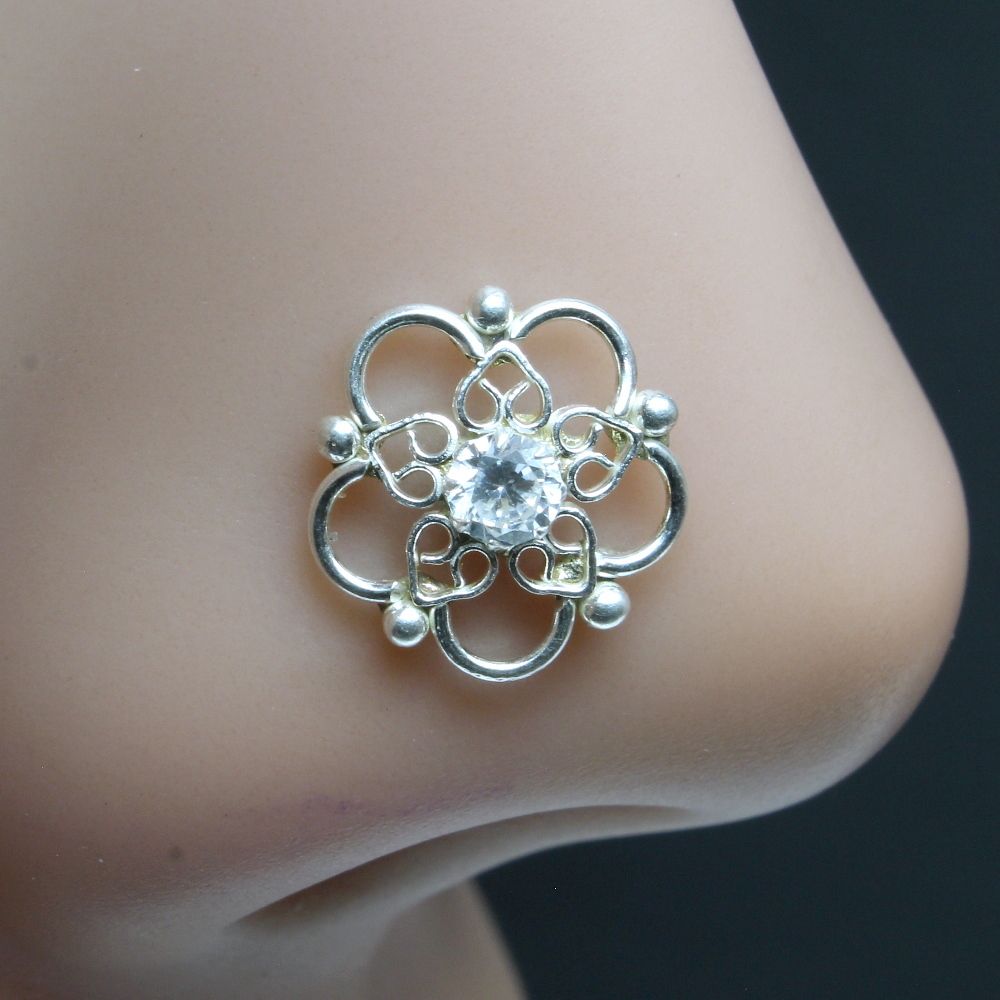 Cute Real 925 Silver White CZ Nose ring Push Pin