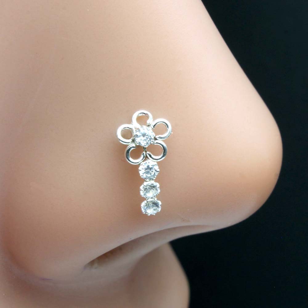 925 Sterling Silver White CZ Nose ring Push Pin