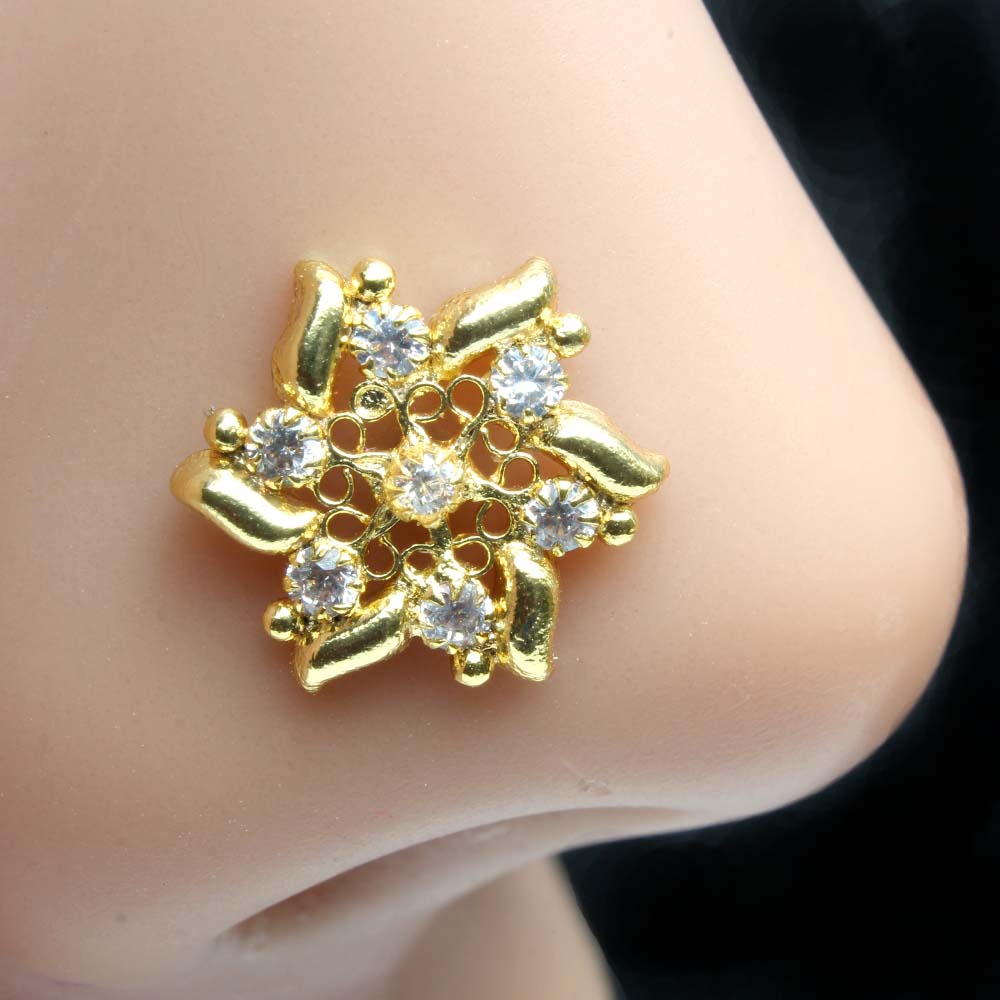 Statement Indian Gold Plated Nose Stud White CZ Twisted nose ring 22g