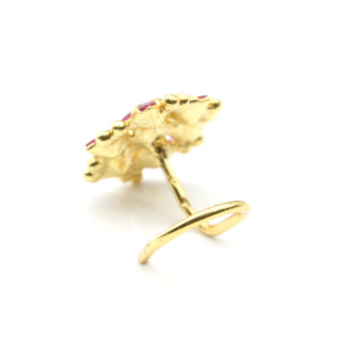 Asian Floral Gold Plated Nose Stud Pink White CZ Twisted nose ring 22g