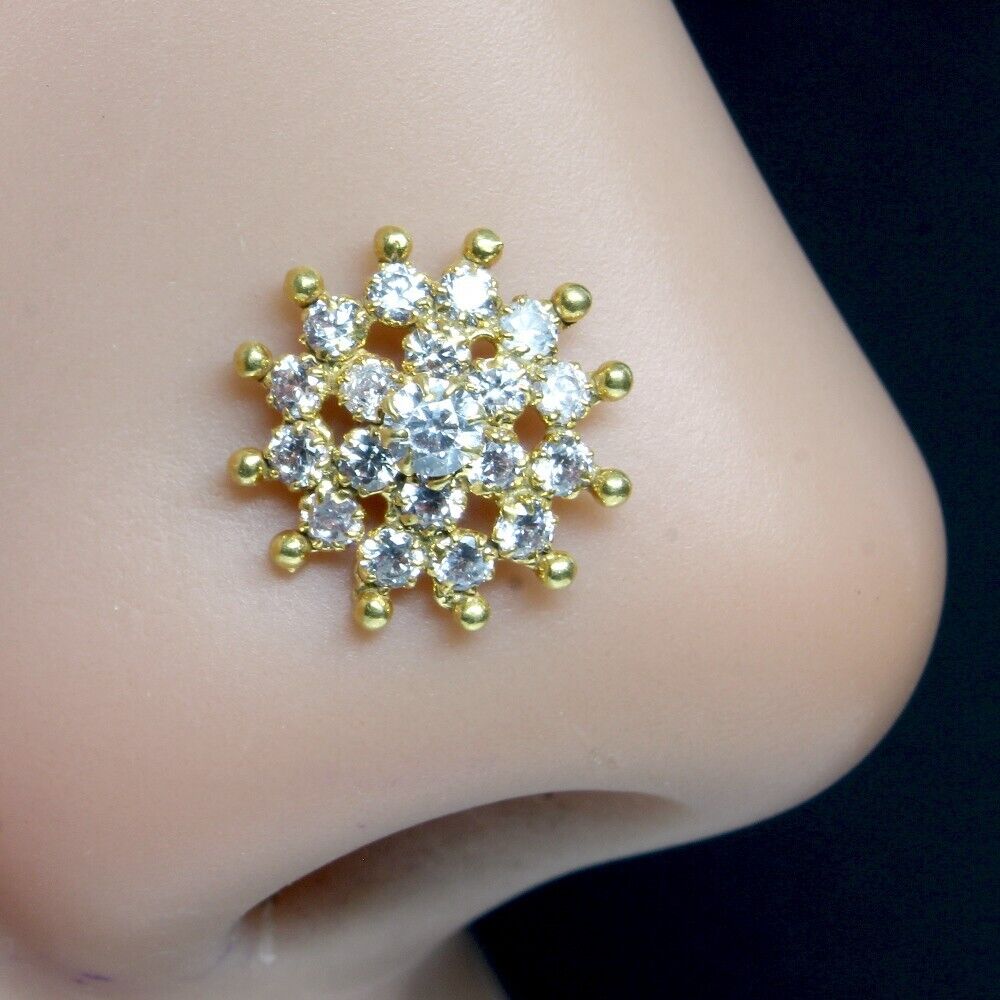 Big Statement Gold Plated Nose Stud White CZ Twisted nose ring 22g