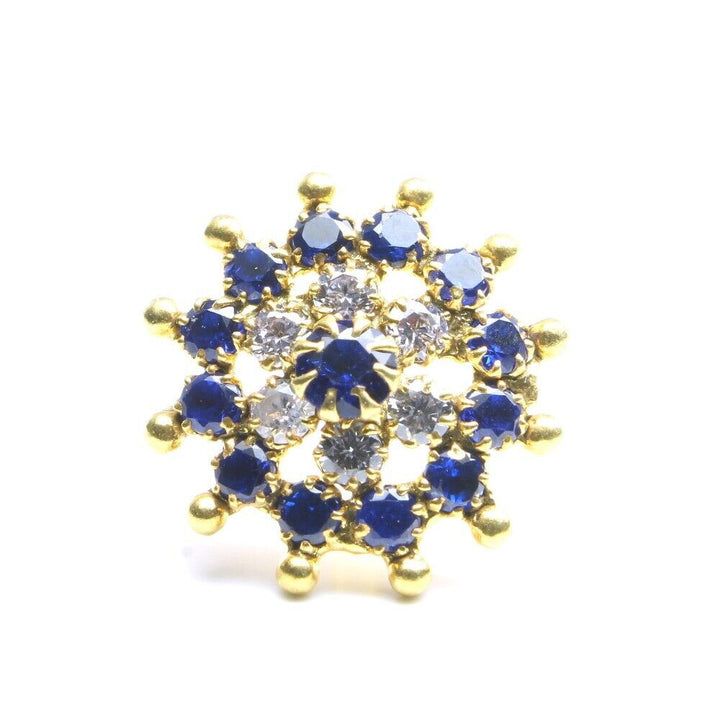 Big Gold Plated Nose Stud Blue White CZ nose ring