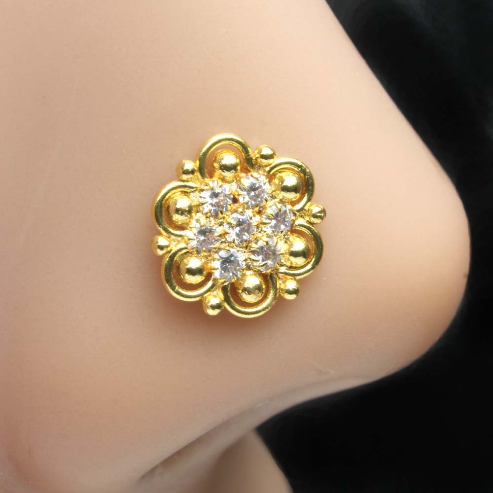 Indian Gold Plated Nose Stud White CZ Twisted Women nose ring 22g