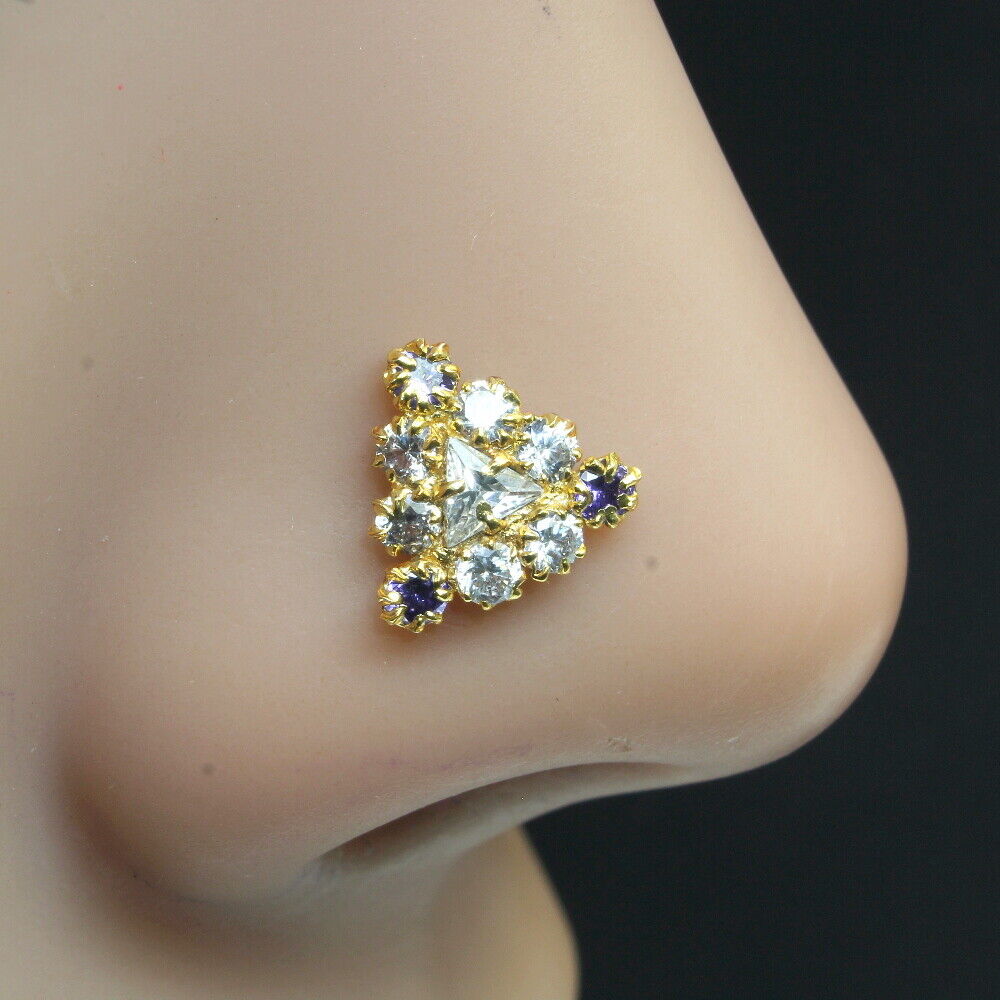 Indian Gold Plated Nose Stud Blue White CZ L Bend Women nose ring 22g