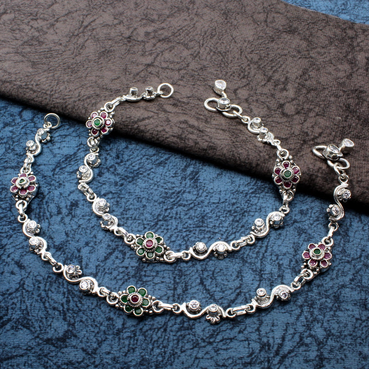 Cute Traditionally Real Oxidized 925 Silver Multi CZ Anklets Ankle 10"