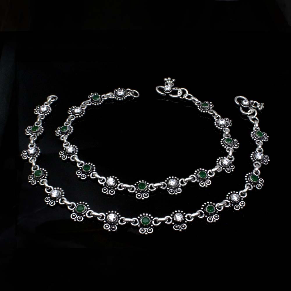 Cute Traditionally Real Oxidized 925 Silver Women CZ Anklets Ankle 10.3"