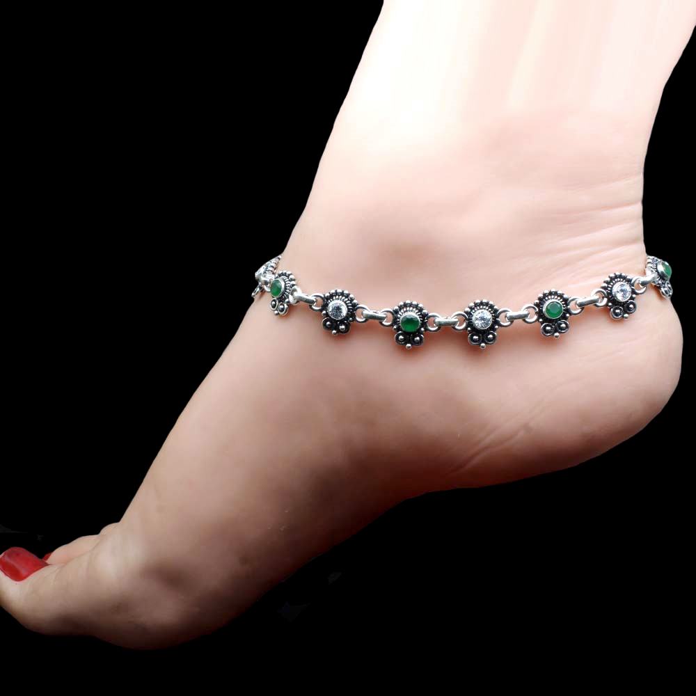 Cute Traditionally Real Oxidized 925 Silver Women CZ Anklets Ankle 10.3"