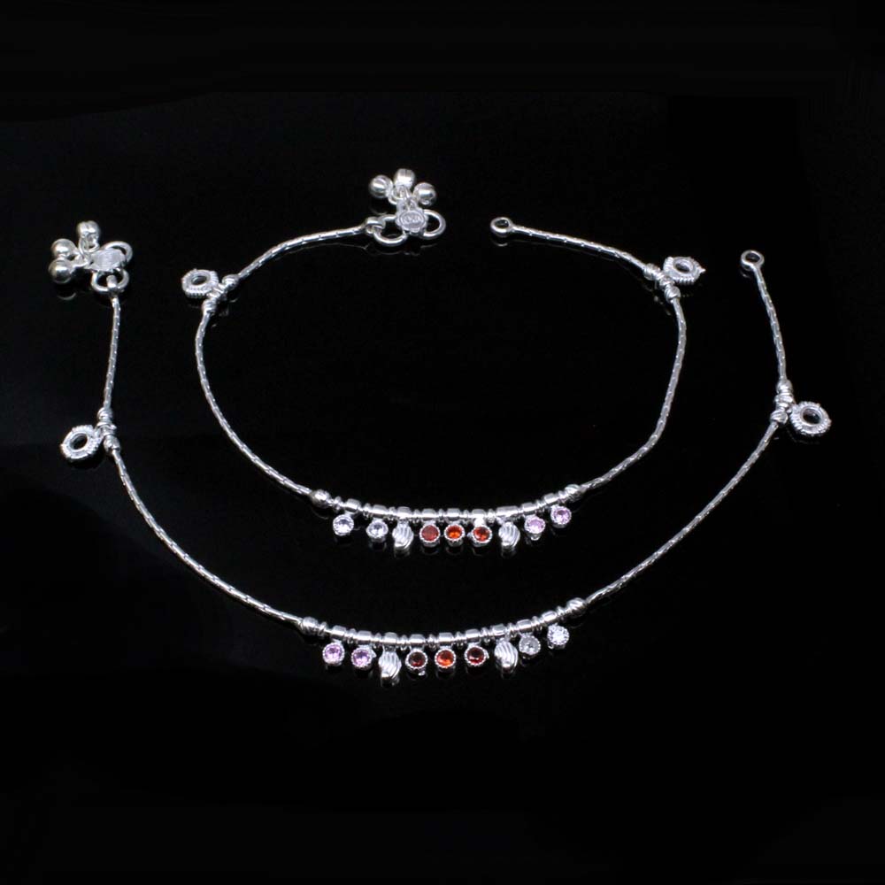 Beautiful Indian Women Real Sterling Silver CZ Anklets Bracelet Pair 10.3"