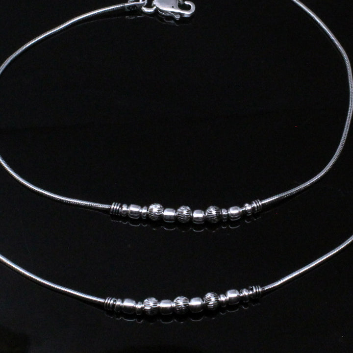 Cute Women Oxidized Anklets Real Silver Bracelet Pair 10.5"