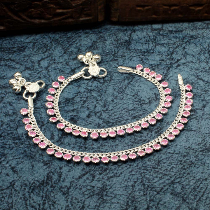 Real 925 Silver Pink CZ Anklets chain foot baby Bracelet 6.5"