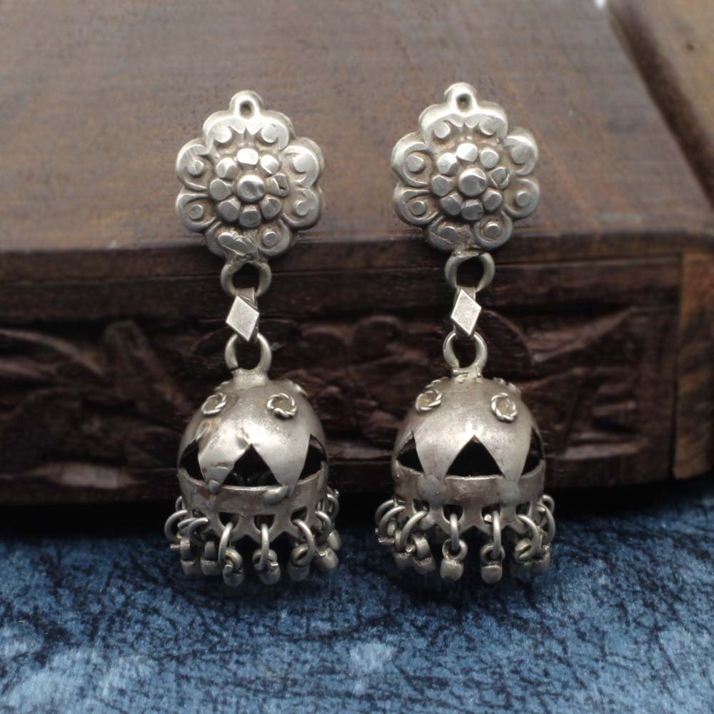 Pre-owned Ethnic Indian tribal traditional Jumka Silver dangle earrings