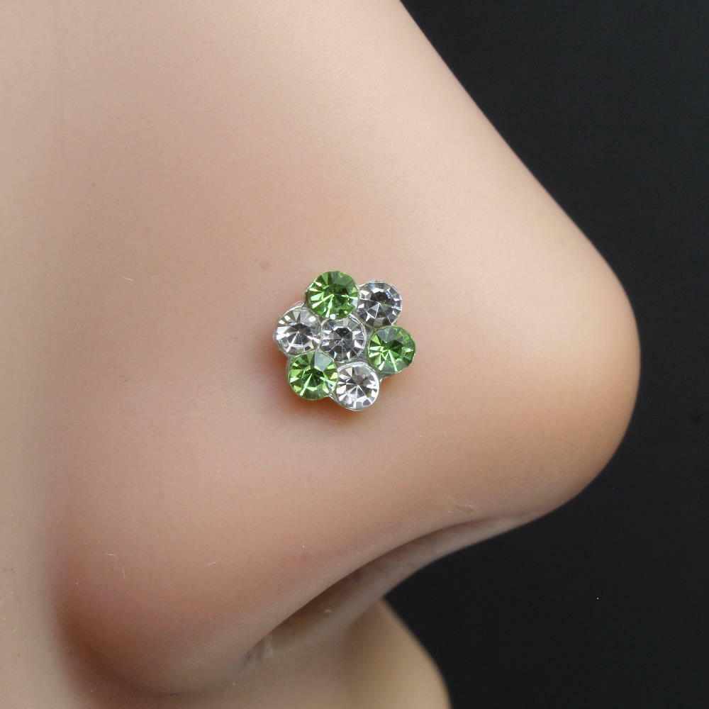Indian style silver Plated Green white crystal Piercing Nose stud push pin