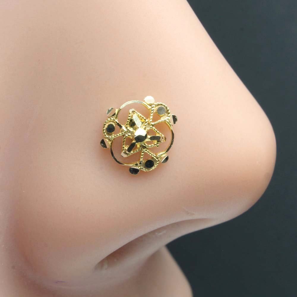 14K Real Gold Ethnic Floral Nose Stud Indian Style Push Pin Nose Ring