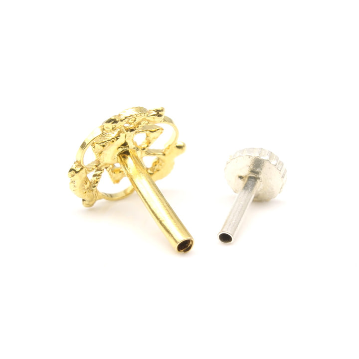 14K Real Gold Ethnic Floral Nose Stud Indian Style Push Pin Nose Ring