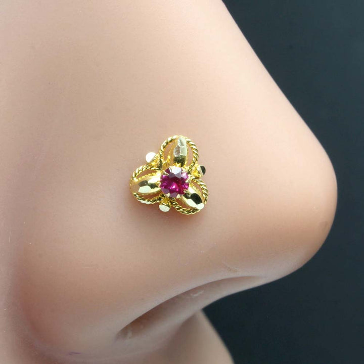 14K Real solid Gold Pink CZ piercing nose ring Push Pin
