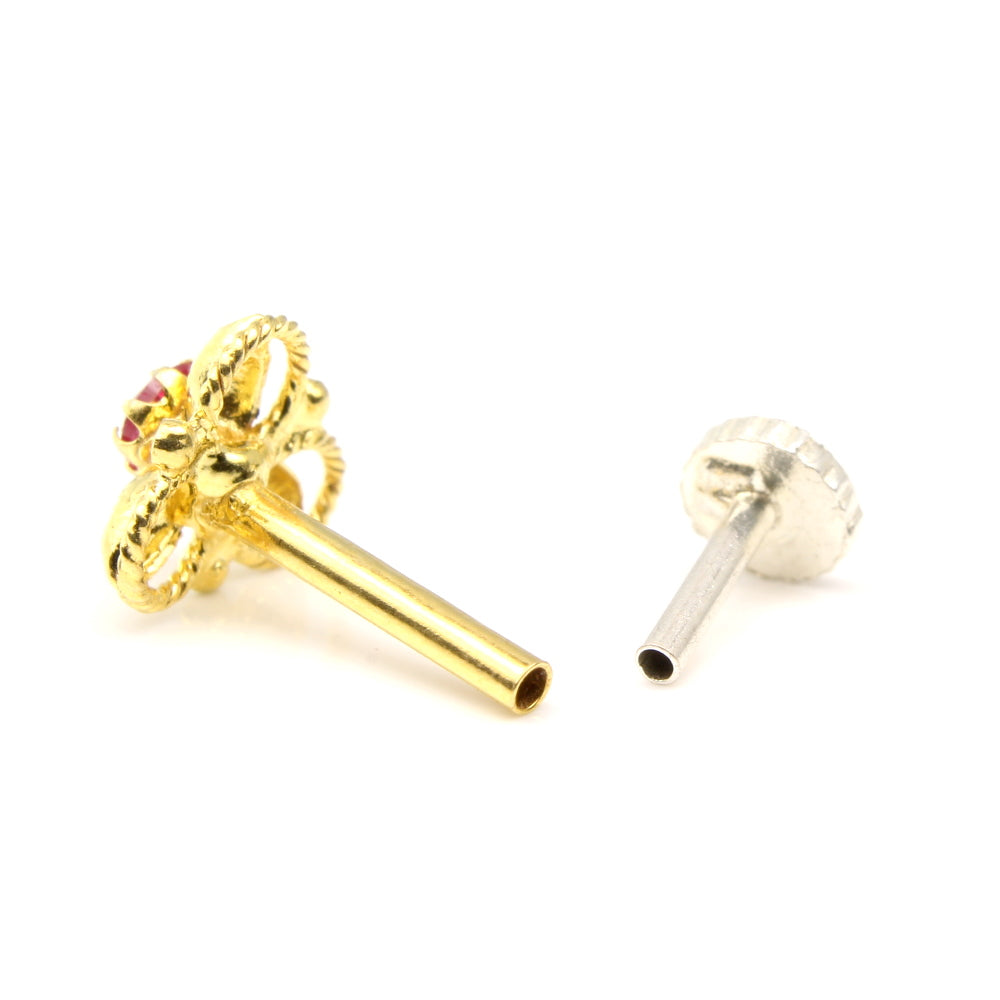14K Real solid Gold Pink CZ piercing nose ring Push Pin