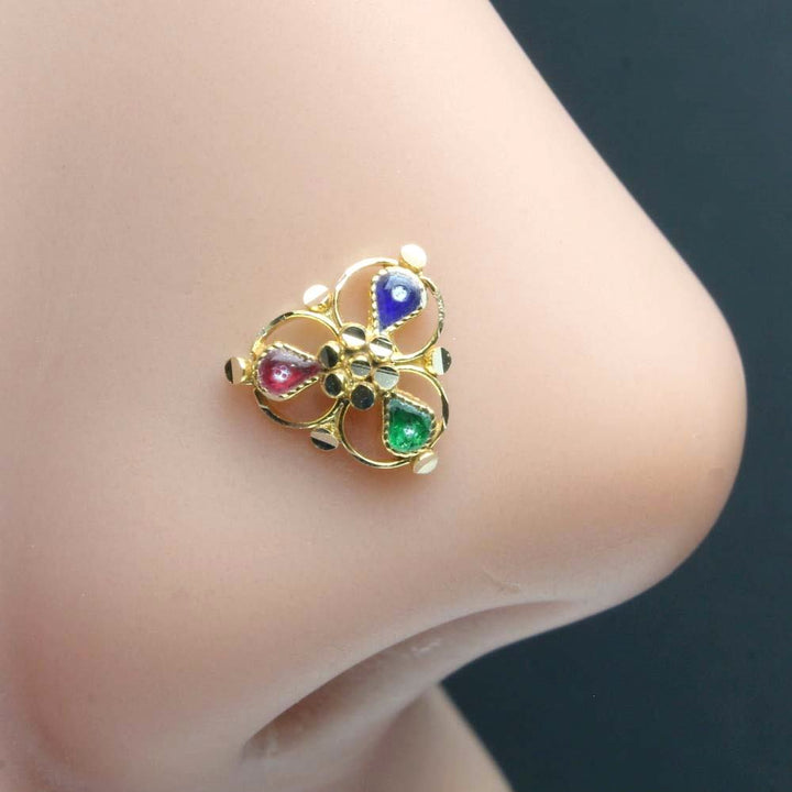 Ethnic Style Real Solid Gold 14K Indian nose Stud nose ring Push Pin