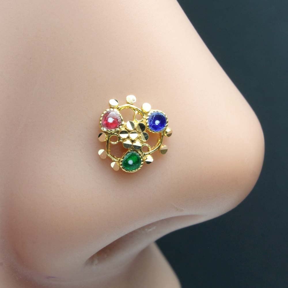 Cute Floral Gold Nose Stud Indian style Push pin nose ring 14K Pure Gold