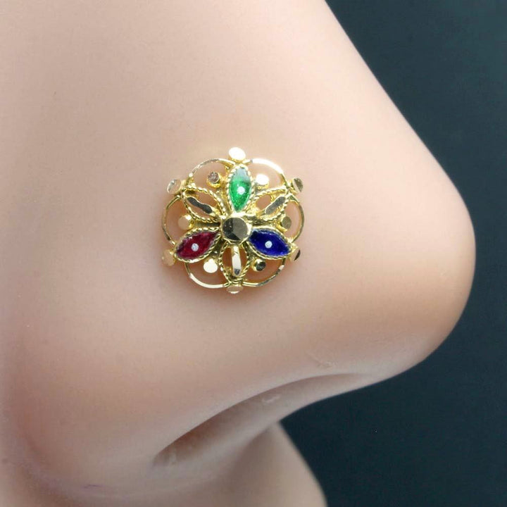 Cute 14K Real Gold Floral Nose Stud Indian Ethnic Style Push Pin Nose Ring
