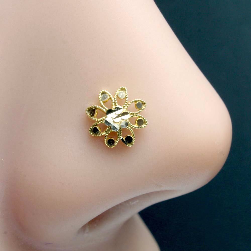 Ethnic Cute Real 14K Gold Nose Stud Indian Style Women Push Pin Nose Ring