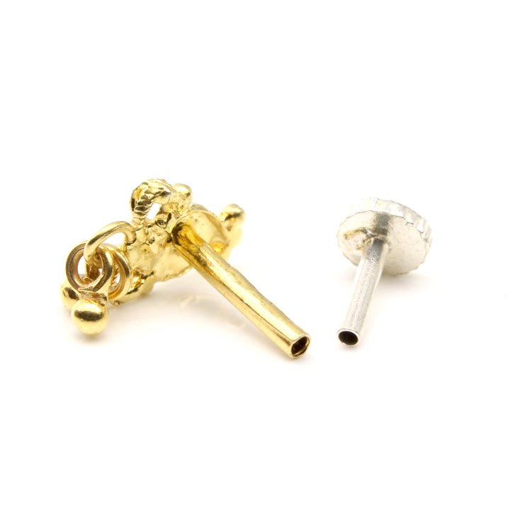 Indian Cute Dangle Style 14K Pure Gold Nose Stud Women Push pin Nose stud
