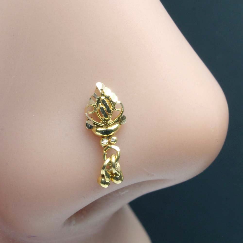 Indian Dangle Style 14k Real Solid Gold Nose Ring Nose Stud Push Pin