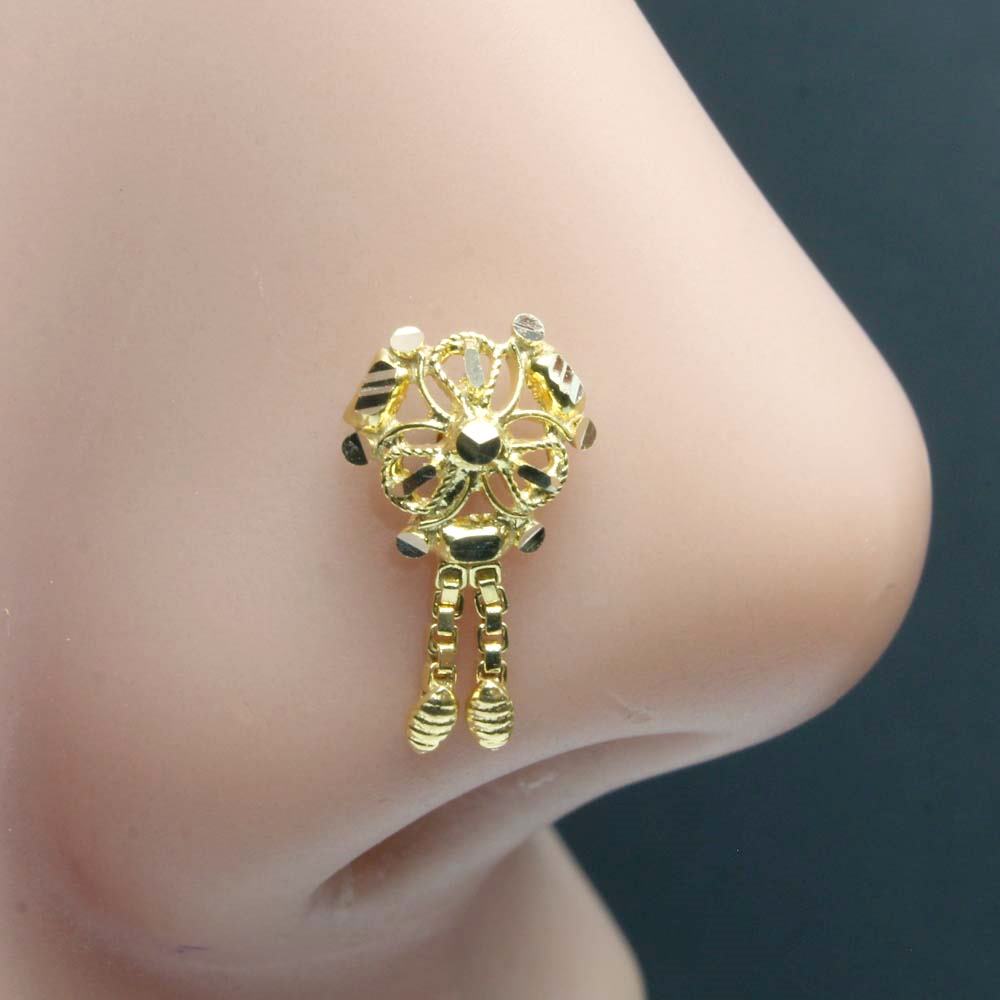 Ethnic 14k Pure Solid Gold Indian Dangle Style Women Nose Stud Pin
