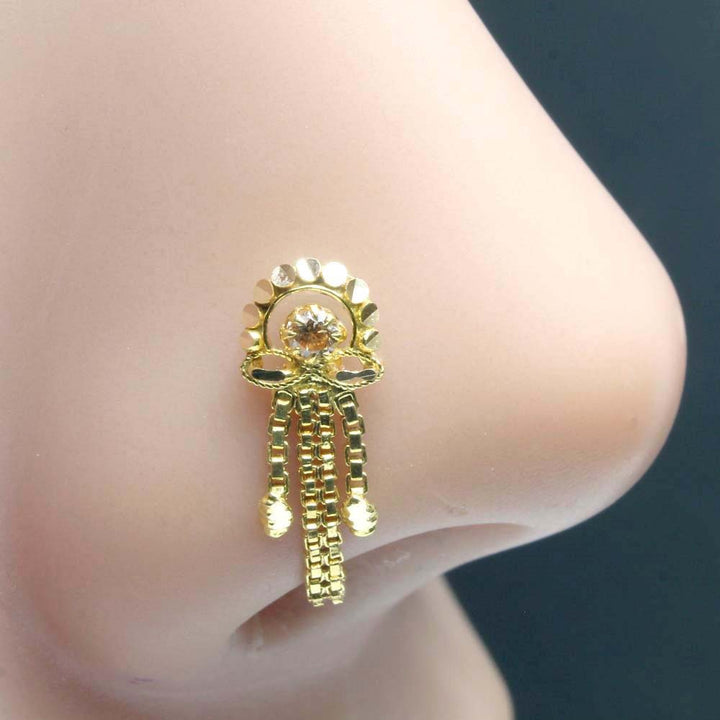 14k Real Solid Gold Indian Chain Style Noe Ring Women Nose Stud Push Pin