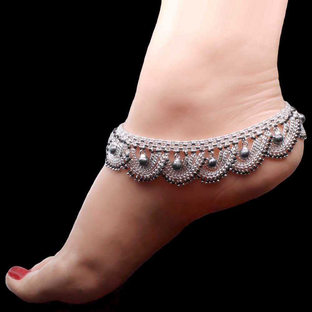 Duel On Jewel Indian Ethnic Silver Tone Payal Anklet Pair for Women La