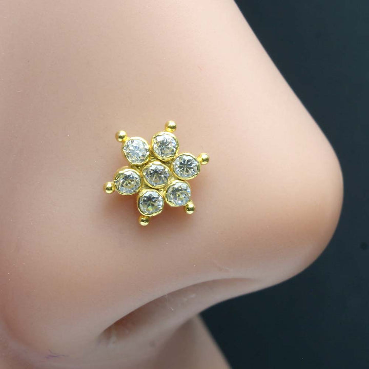 Floral 14K Gold Nose Stud White CZ Indian style L Bend nose ring 22g