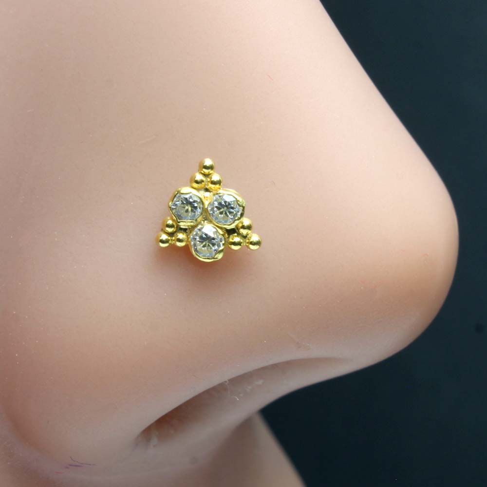 Beautiful Real Gold 14K White CZ Indian nose ring L Bend 22g