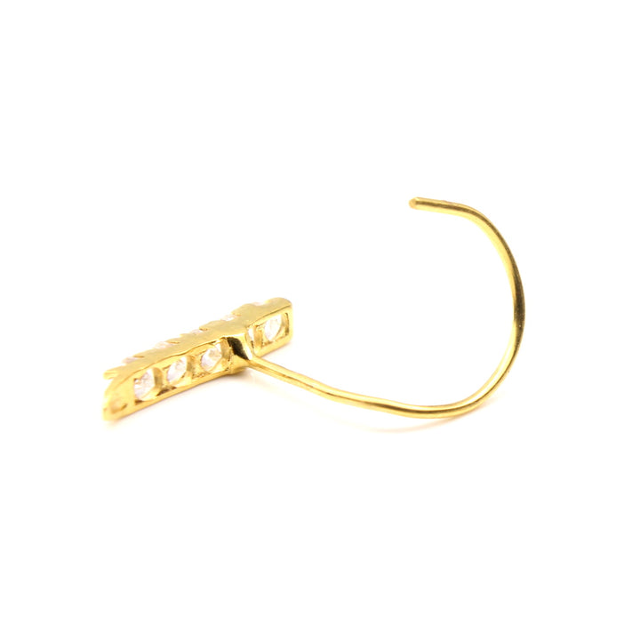 Vertical Style 14k Real Gold White CZ Corkscrew Nose Stud 24g