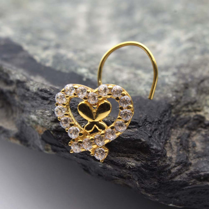  Heart Shape 14k Real Gold White stone Nose Stud 