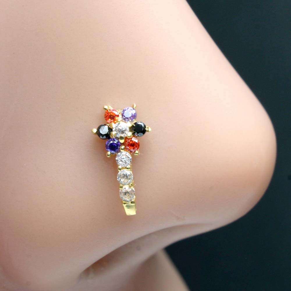 Latest Design 14k Real Gold Piercing Nose Stud with  Multi-color stones