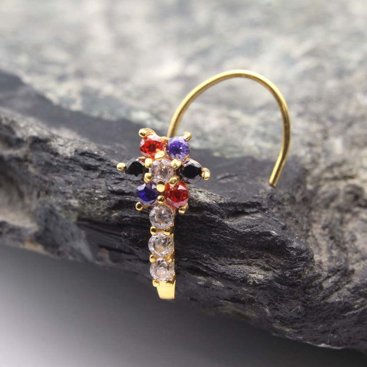 Flower shape vertical style 14k Real Gold Nose Stud with Multi-color stones  