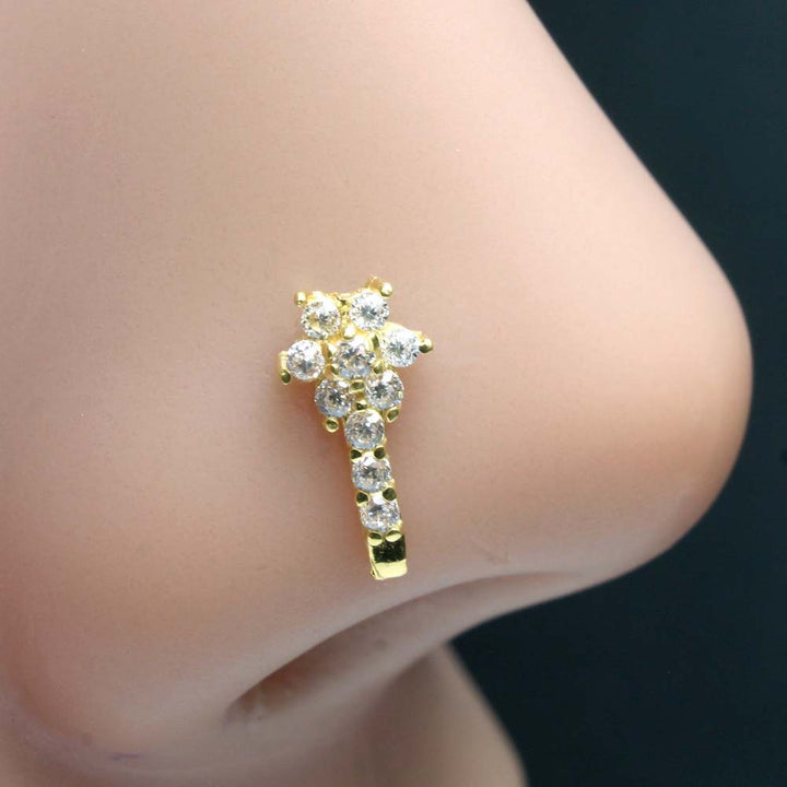 Indian Vertical Style 14k Real Gold CZ Corkscrew Nose Stud 24g