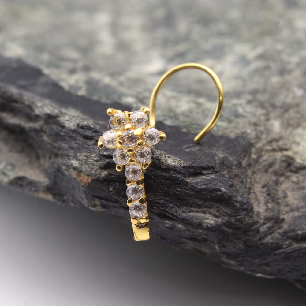 Indian Vertical Style 14k Real Gold CZ Corkscrew Nose Stud 24g