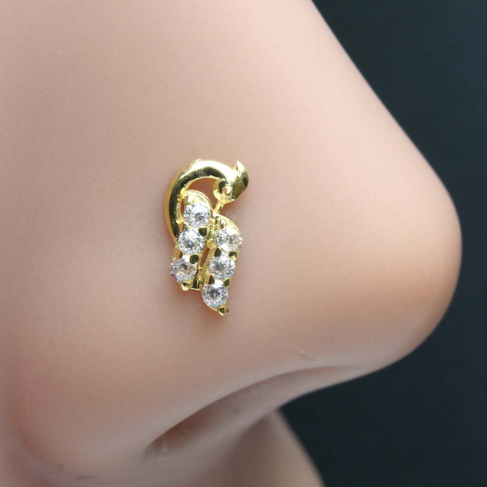 Indian Peacock Style 14k Real Gold CZ Corkscrew Nose Stud 24g